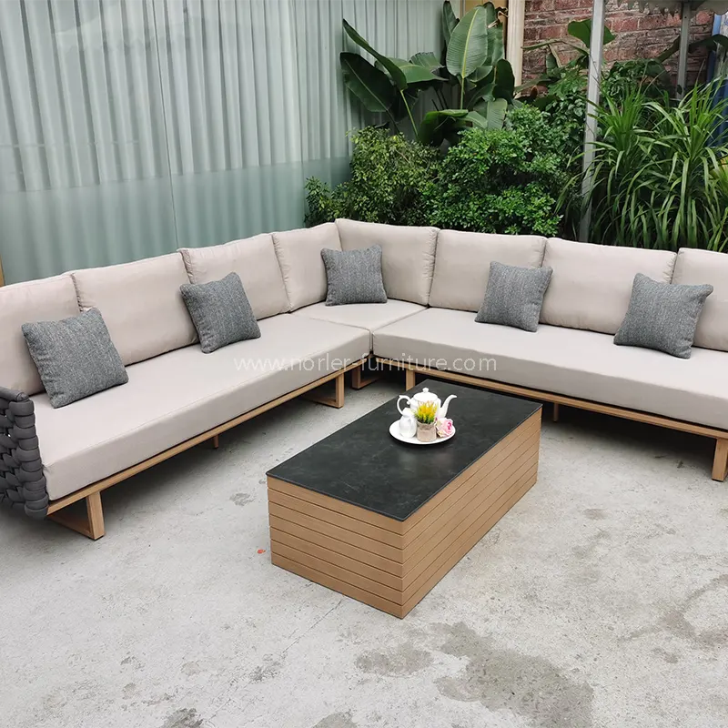 Moderne L-förmige Teakholz-Holzbasis Aluminiumrahmen Outdoor-Sofa Moderne L-förmige Teakholz-Holzbasis Aluminiumrahmen Outdoor-Sofa