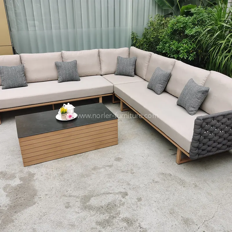 Moderne L-förmige Teakholz-Holzbasis Aluminiumrahmen Outdoor-Sofa