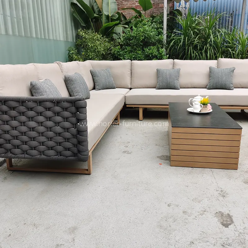 Moderne L-förmige Teakholz-Holzbasis Aluminiumrahmen Outdoor-Sofa