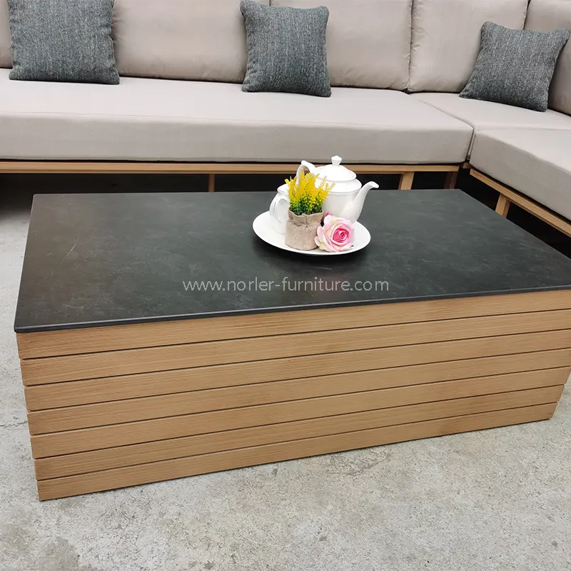 Moderne L-förmige Teakholz-Holzbasis Aluminiumrahmen Outdoor-Sofa